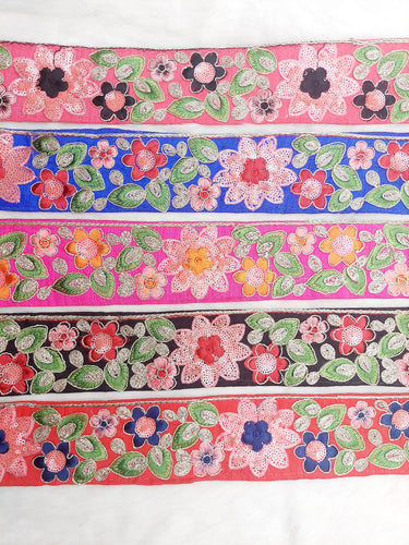 Black Silk Fabric Embroidered Trim, Floral Embroidery Indian Sari Border Trim By Yard Decorative Trim Craft Lace, Sequins Trim